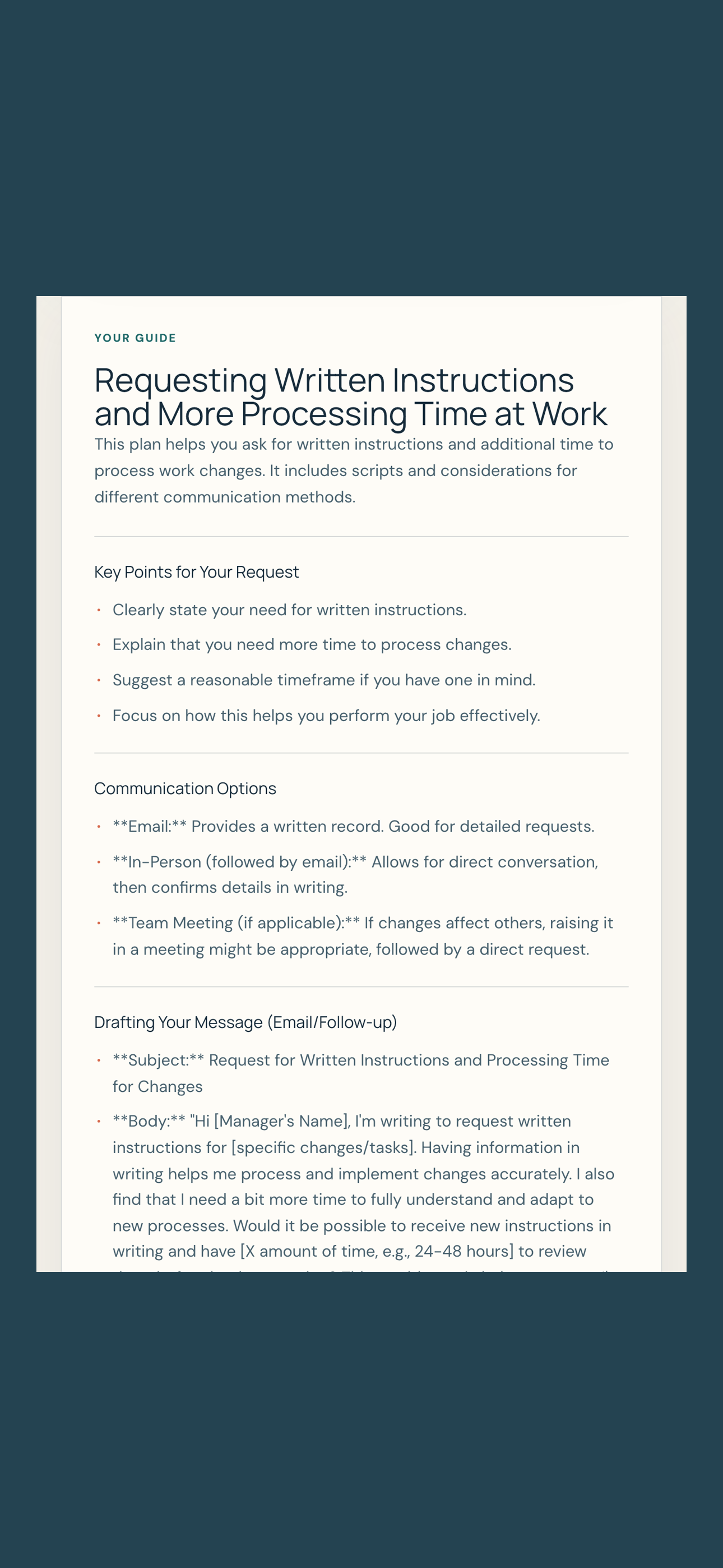 Mind Minder guidance for requesting written instructions and more processing time at work