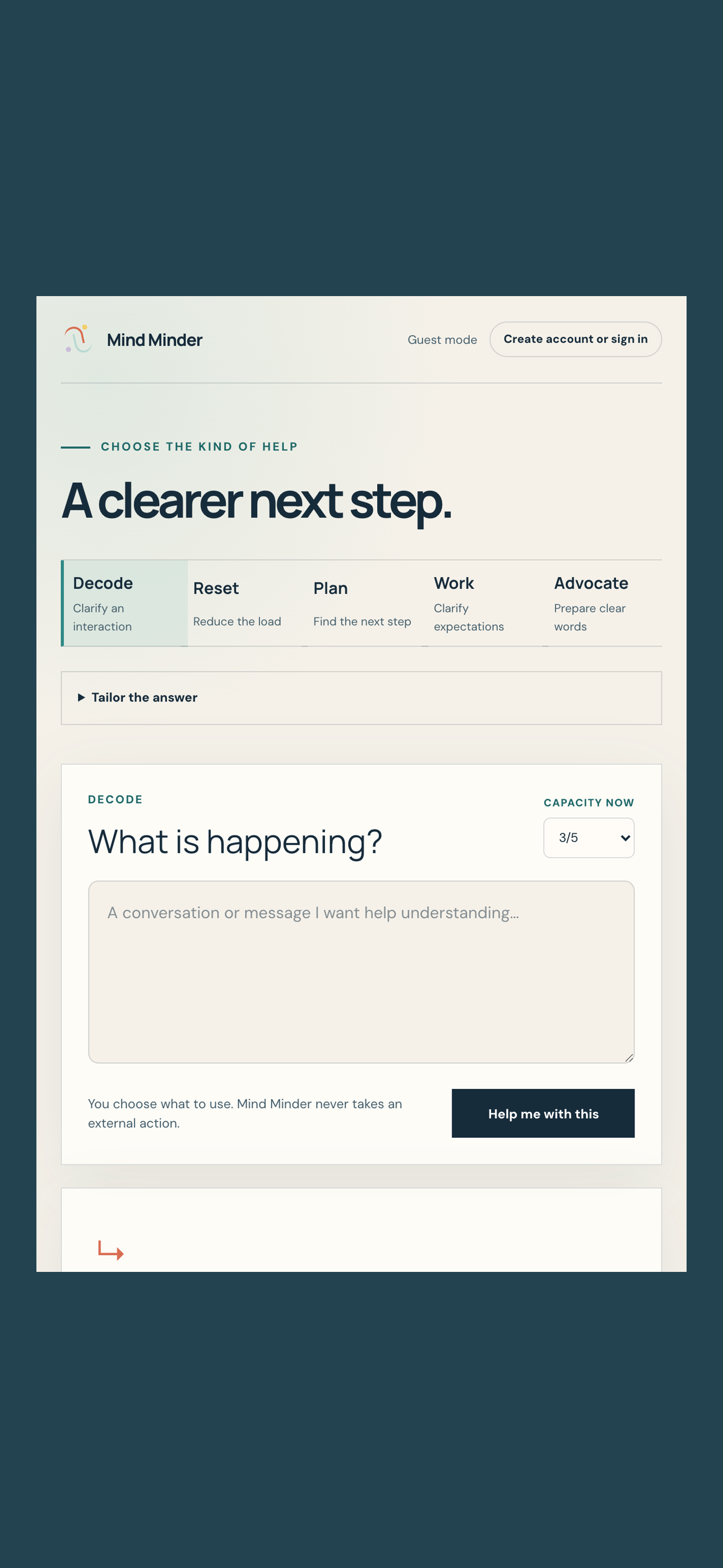 Mind Minder home screen with five kinds of everyday support